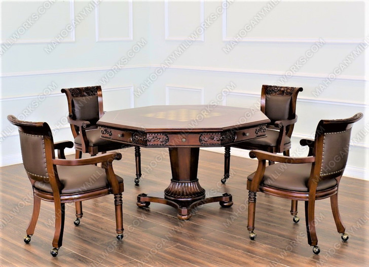 5pc Mahogany Poker/Game Table Set w/ 4 Microfiber Chairs
