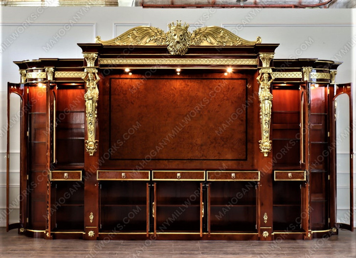 18ft Marquetry Inlay Entertainment Media Cabinet w/ Side Curios