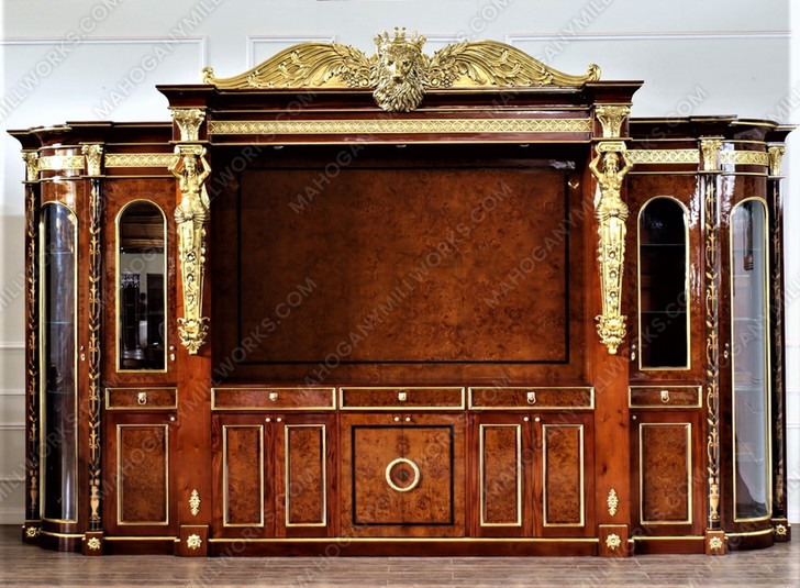 18ft Marquetry Inlay Entertainment Media Cabinet w/ Side Curios