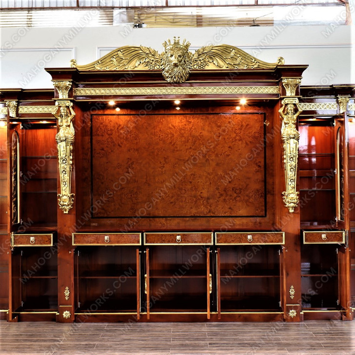 18ft Marquetry Inlay Entertainment Media Cabinet w/ Side Curios