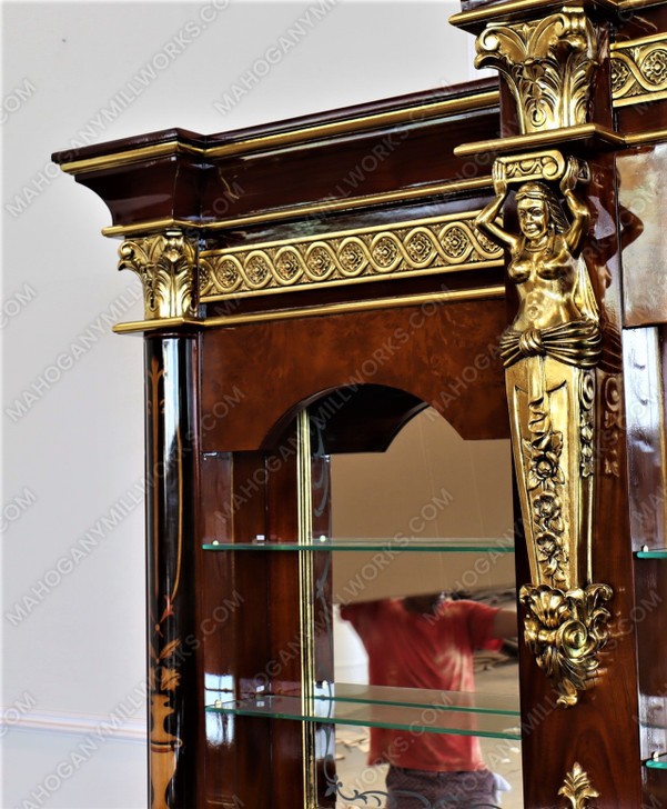 18ft Marquetry Inlay Entertainment Media Cabinet w/ Side Curios