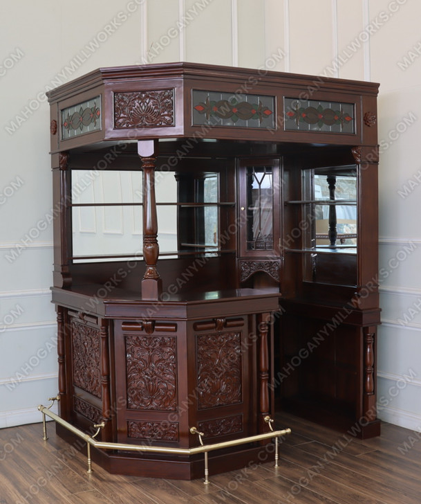 6.5ft Custom Mahogany Stained Glass Corner Canopy Pub Bar