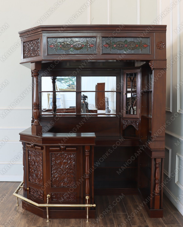 6.5ft Custom Mahogany Stained Glass Corner Canopy Pub Bar