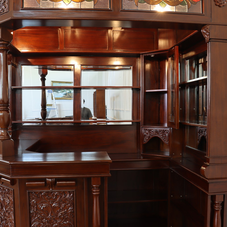 6.5ft Custom Mahogany Stained Glass Corner Canopy Pub Bar