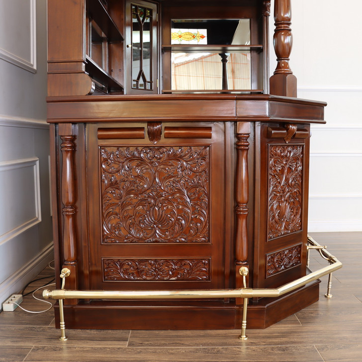 6.5ft Custom Mahogany Stained Glass Corner Canopy Pub Bar