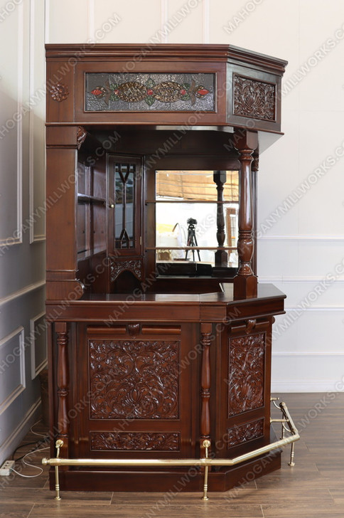 6.5ft Custom Mahogany Stained Glass Corner Canopy Pub Bar
