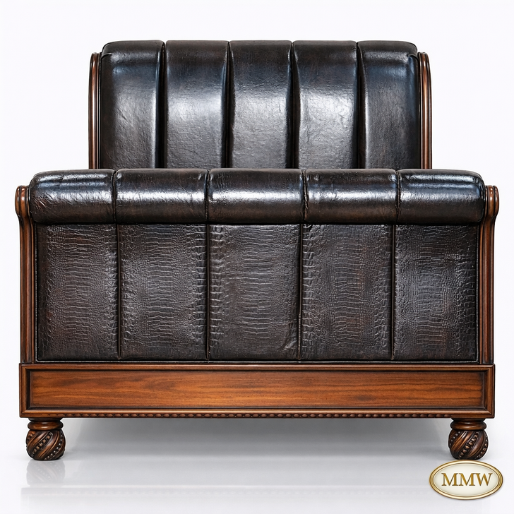 Genuine Leather Croc Design Sleigh Bed
