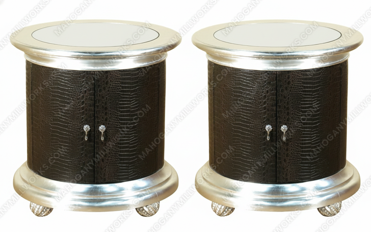 Round Silver Leaf Faux Croc Leather Nightstands Pair (2)