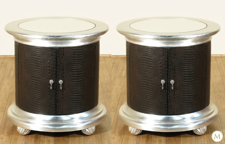 Round Silver Leaf Faux Croc Leather Nightstands Pair (2)