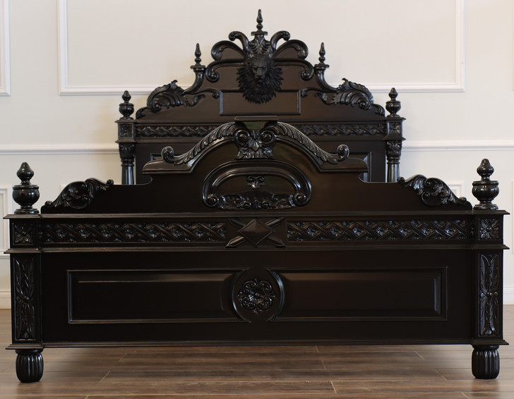 Black Gothic Lion Carved Bed w/ Satin Finish