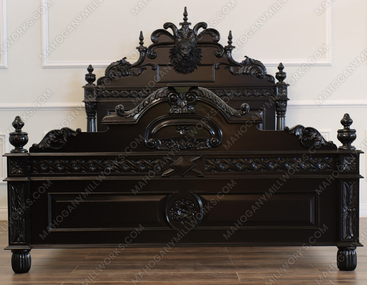 Black Gothic Lion Carved Bed w/ Satin Finish