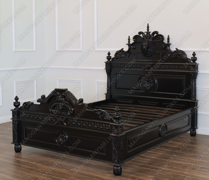 Black Gothic Lion Carved Bed w/ Satin Finish