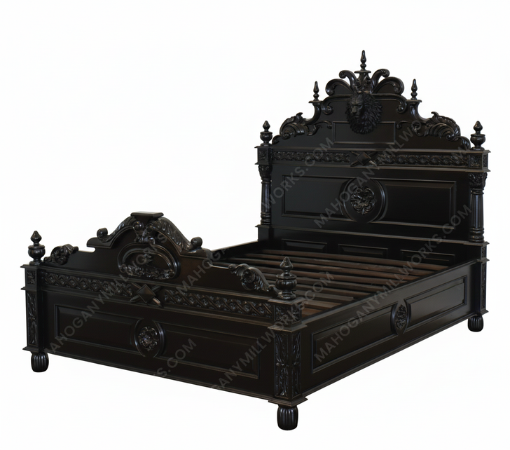 Black Gothic Lion Carved Bed w/ Satin Finish