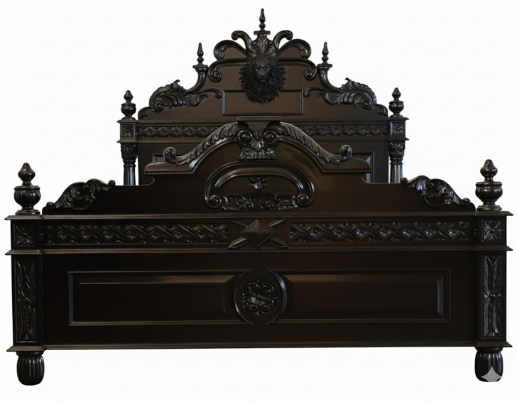 Black Gothic Lion Carved Bed w/ Satin Finish
