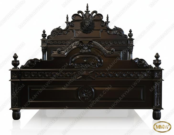 Black Gothic Lion Carved Bed w/ Satin Finish