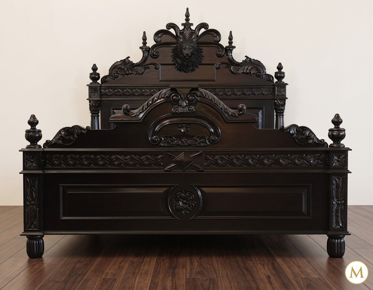 Black Gothic Lion Carved Bed w/ Satin Finish