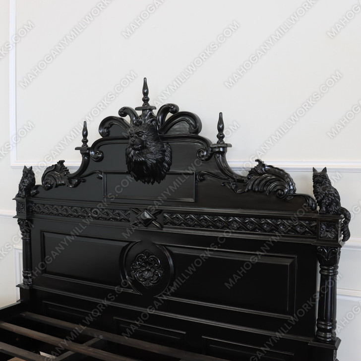 Black Gothic Bed w/ Carved Feline Cat Statues