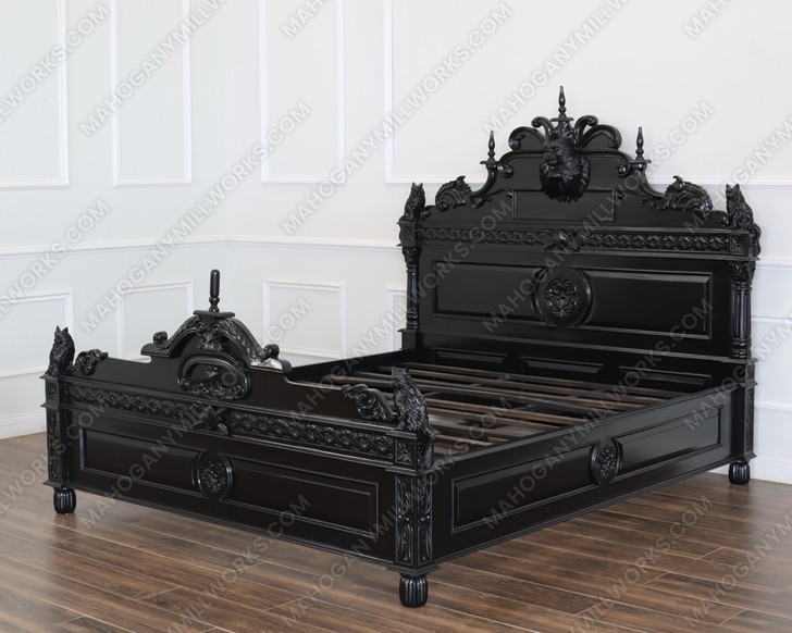 Black Gothic Bed w/ Carved Feline Cat Statues