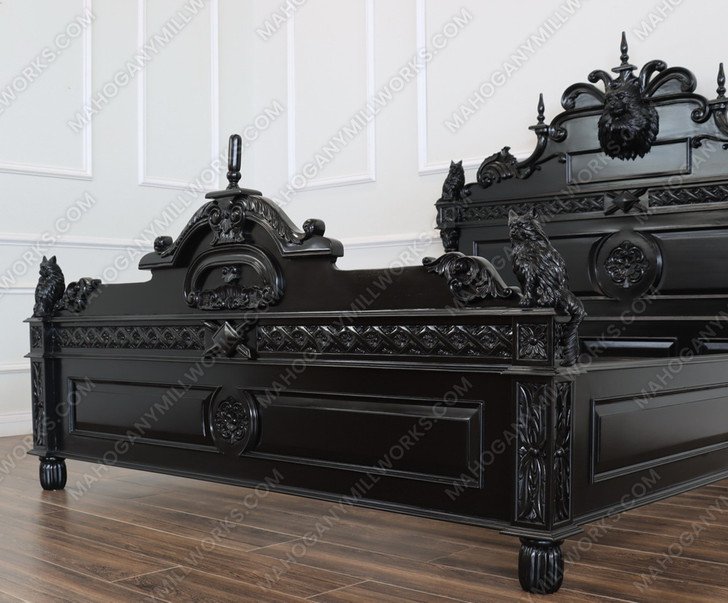Black Gothic Bed w/ Carved Feline Cat Statues