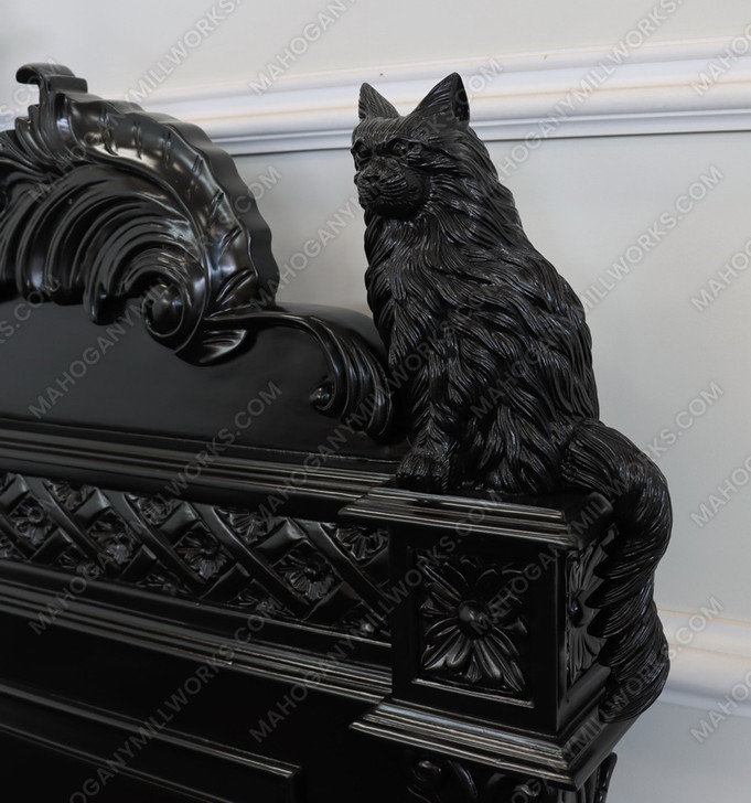 Black Gothic Bed w/ Carved Feline Cat Statues