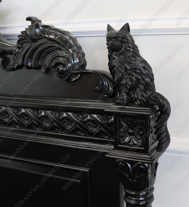 Black Gothic Bed w/ Carved Feline Cat Statues