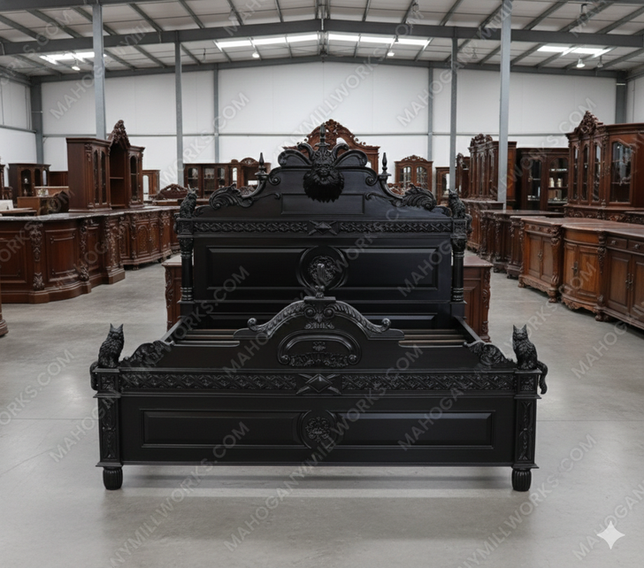 Custom Black Gothic Cat Bed w/ Carved Cat Statues