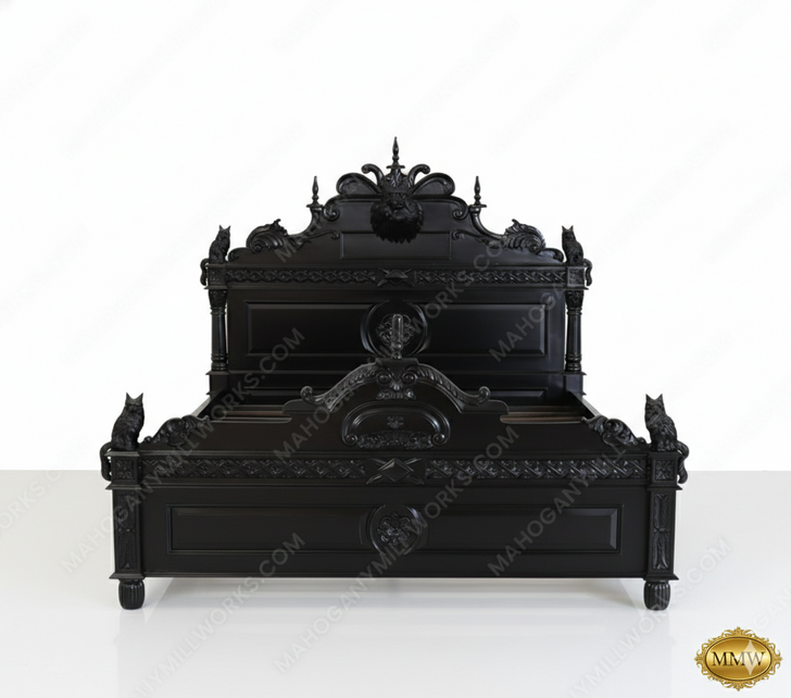 Black Gothic Bed w/ Carved Cat Statues