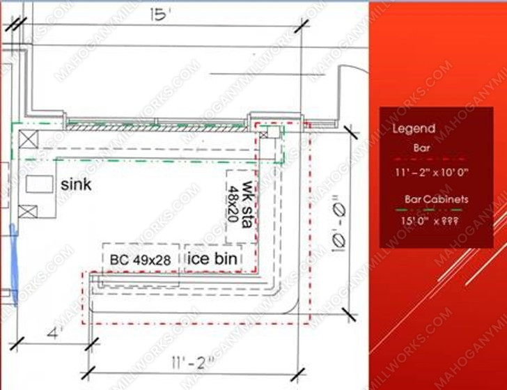 15ft Custom Mahogany L-Shape Pub Bar Set (15ft x 87"H)