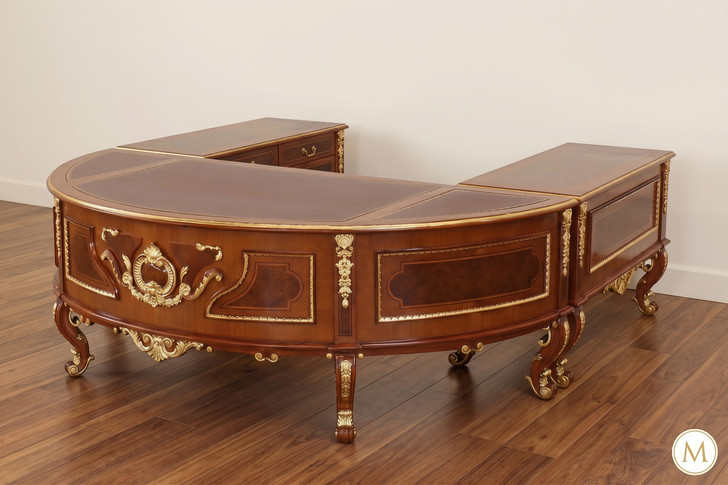 Large Marquetry Inlay U-Shape Desk