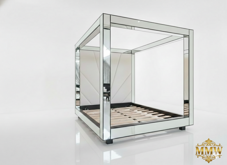 Mirrored Four Post Canopy Bed w/ Upholstered Headboard