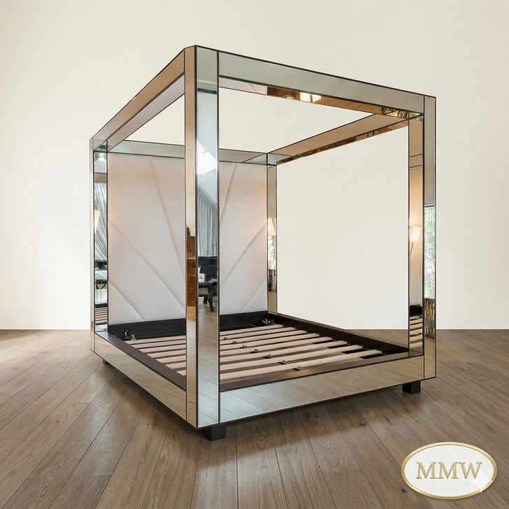 Mirrored Four Poster Canopy Bed w/ Upholstered Headboard