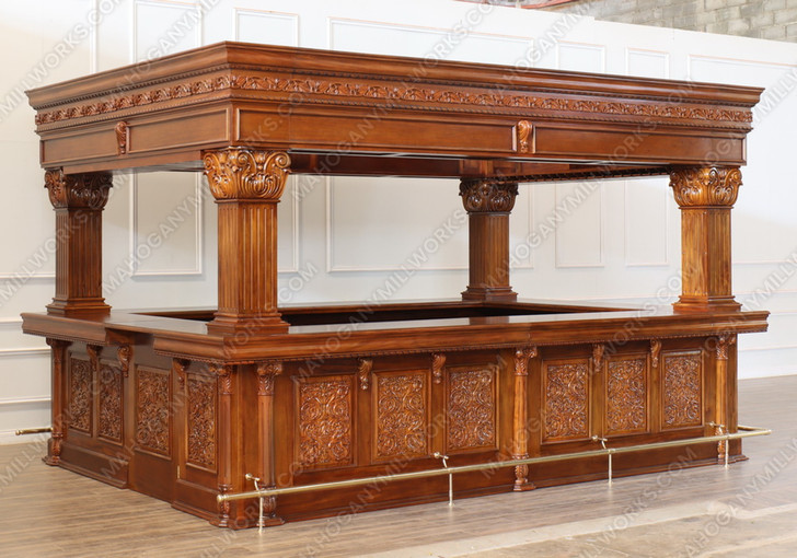 15ft Custom Mahogany Ornate Carved Canopy Pub Bar