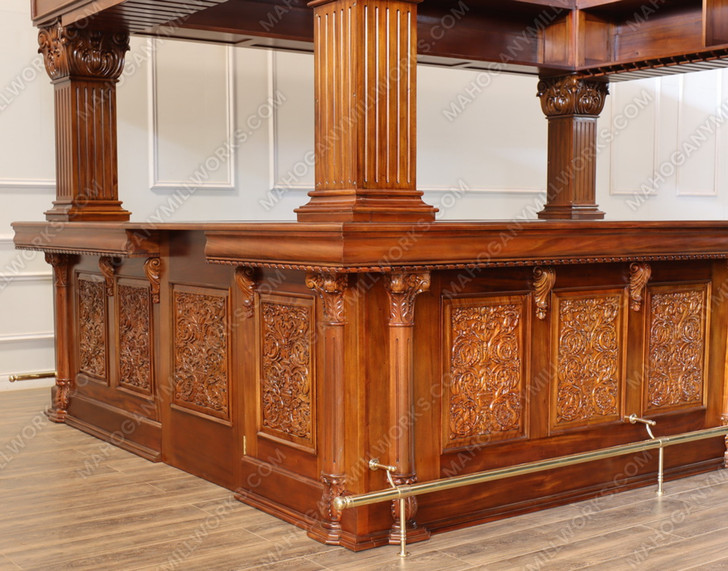 15ft Custom Mahogany Ornate Carved Canopy Pub Bar
