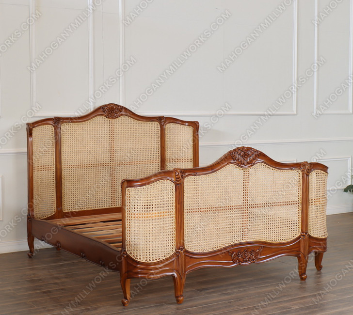 Walnut Cane Rattan Country Farmhouse Panel Bed (E-ROSOK)