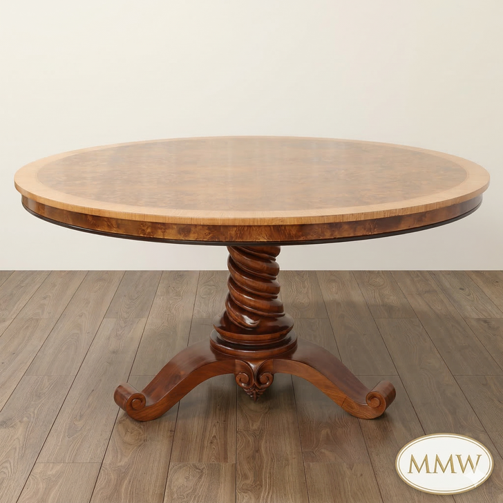 60" Round Walnut Inlaid Dining Table