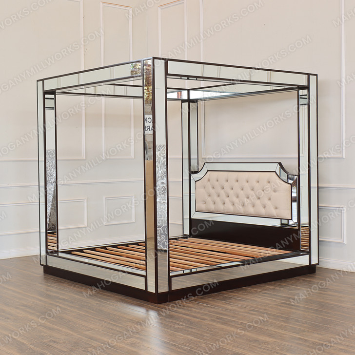 Luxurious Mirrored Canopy Bed w/ Tufted Upholstered Half Headboard