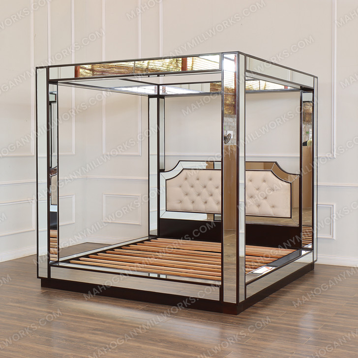 Luxurious Mirrored Canopy Bed w/ Tufted Upholstered Half Headboard