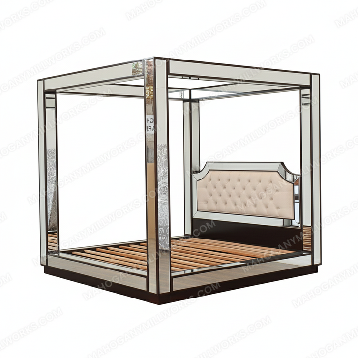 Luxurious Mirrored Canopy Bed w/ Tufted Upholstered Half Headboard