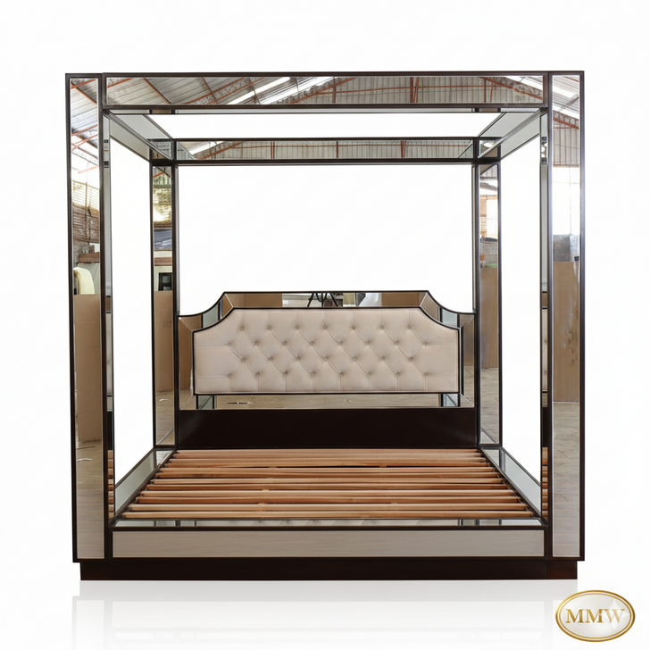 Luxurious Mirrored Canopy Bed w/ Tufted Upholstered Half Headboard