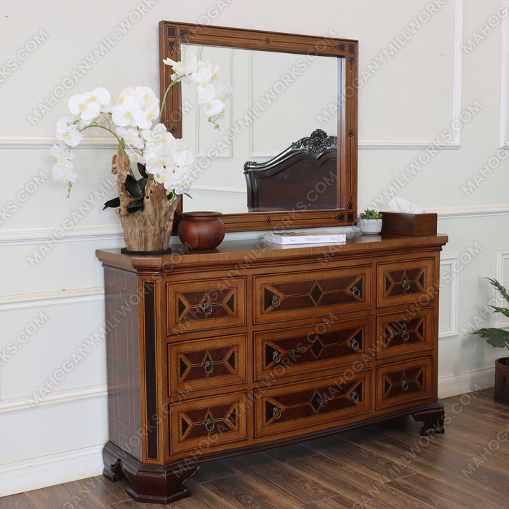 Egyptian Mappa Burl Floral Marquetry Inlay Dresser w/ Mirror