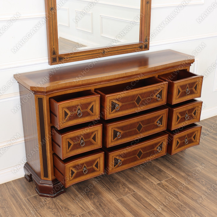 Egyptian Mappa Burl Floral Marquetry Inlay Dresser w/ Mirror