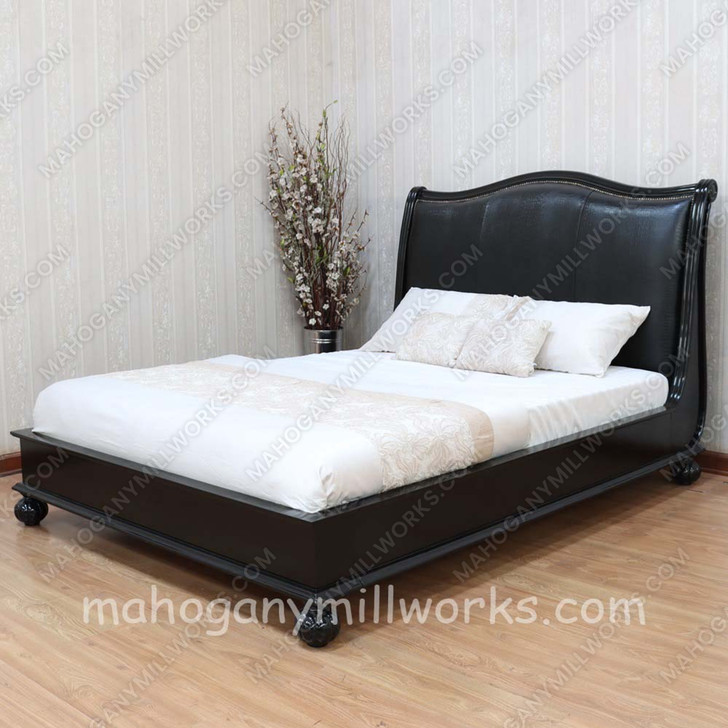 Black Safari Bed With Black Genuine Leather Upholstered Headboard