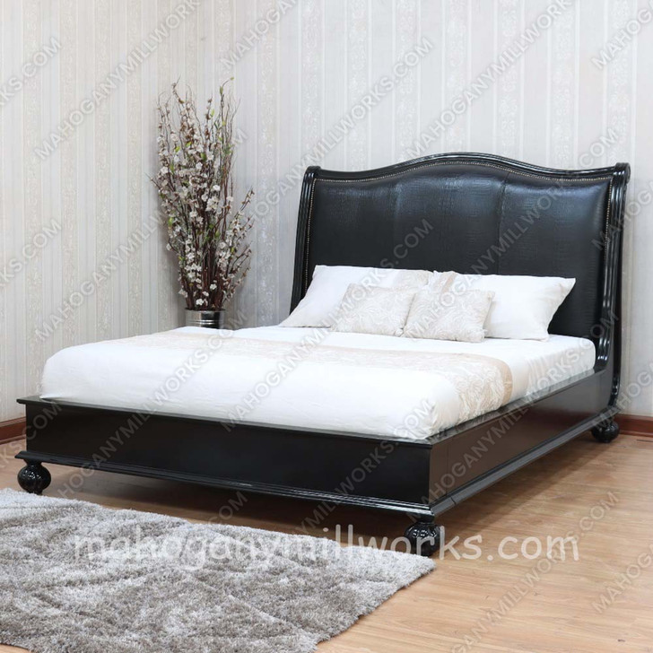 Black Safari Bed With Black Genuine Leather Upholstered Headboard