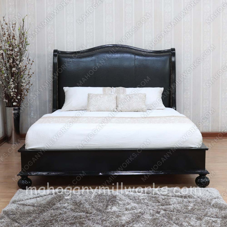 Black Safari Bed With Black Genuine Leather Upholstered Headboard