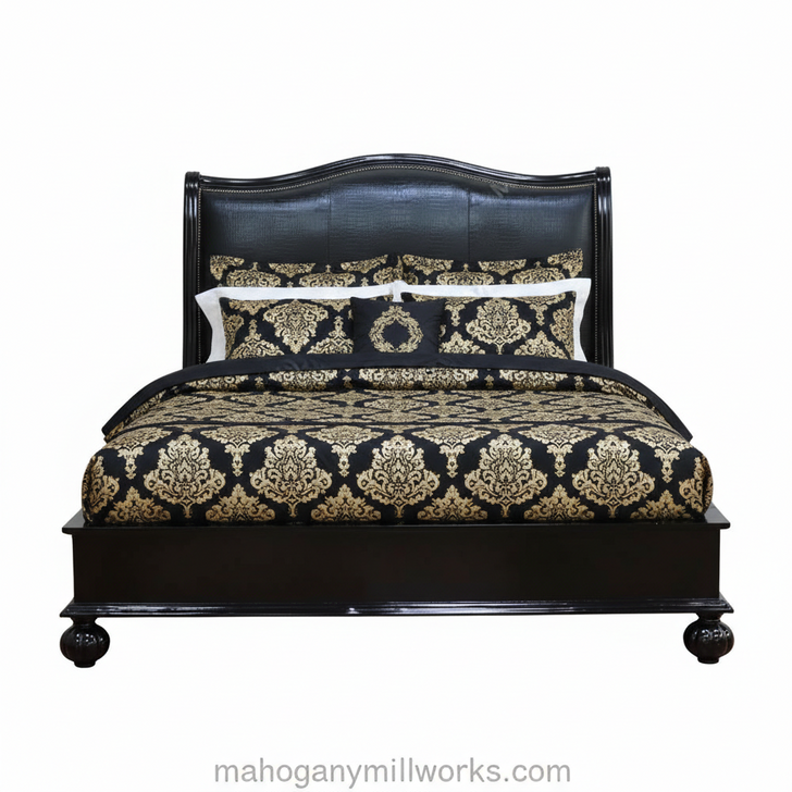 Black Safari Bed With Black Genuine Leather Upholstered Headboard