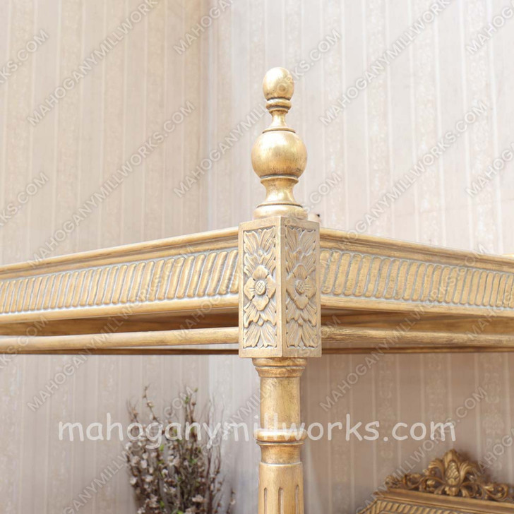 Gold Leaf Provencal Canopy Bed With Wicker Panel