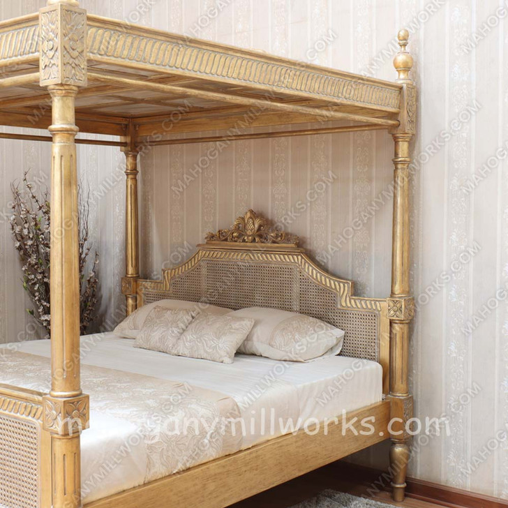 Gold Leaf Provencal Canopy Bed With Wicker Panel