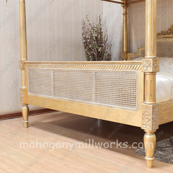 Gold Leaf Provencal Canopy Bed With Wicker Panels