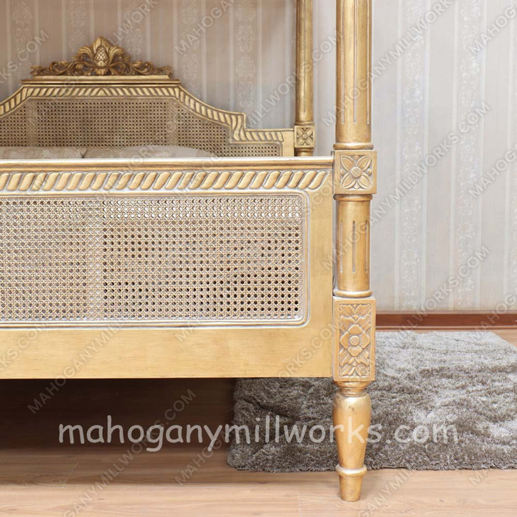 Gold Leaf Provencal Canopy Bed With Wicker Panels