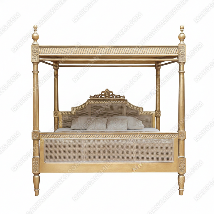Gold Leaf Provencal Canopy Bed With Wicker Panel